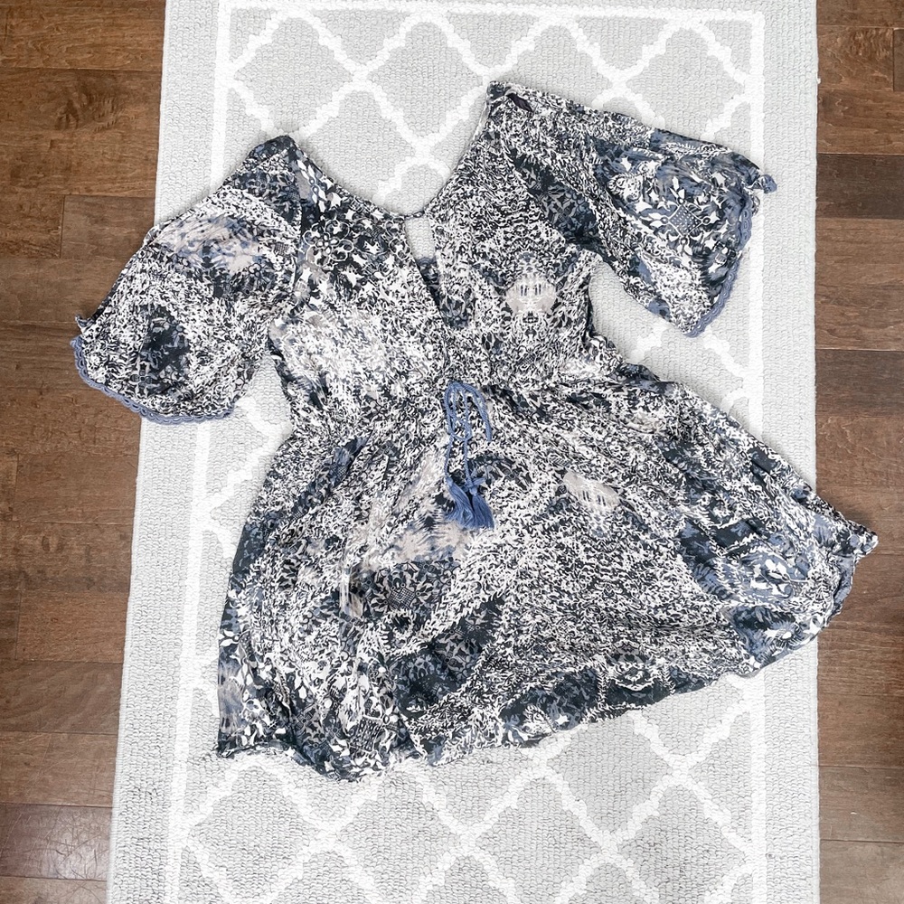 Free people paisley blue cutout puff sleeve cottage core flare mini dress
